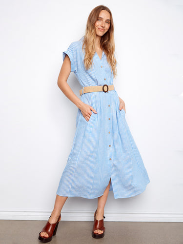 Stylish blue maxi dress with hidden pockets for added convenience and elegance. Crafted by Charlie B.