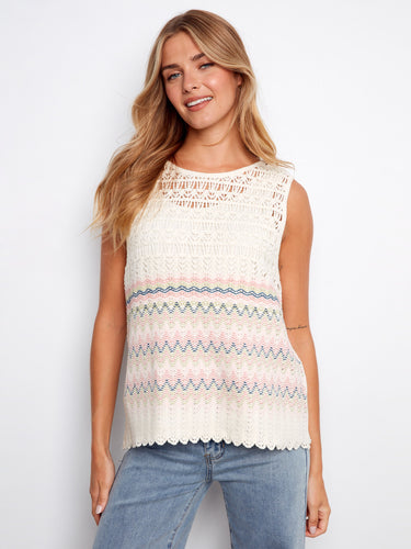 Crochet top featuring a sleeveless design and elegant striped pattern, perfect for casual outings by Charlie B.