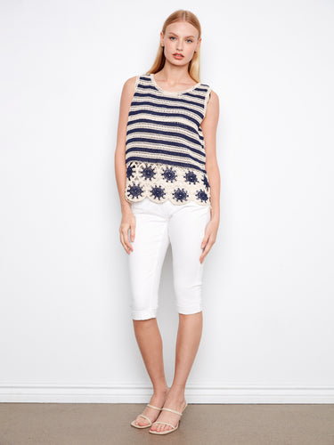 Elegant sleeveless navy and cream striped crochet top with exquisite floral scalloped hem by Charlie B.