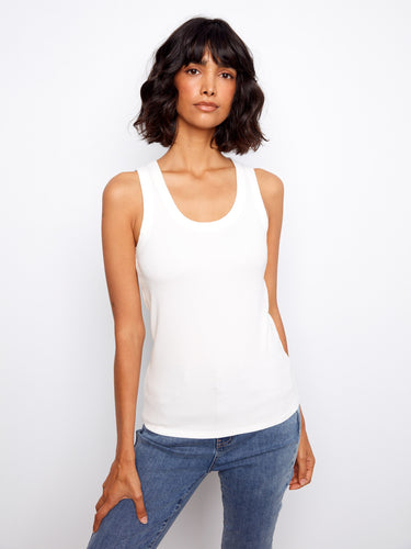 White ribbed tank top offering a stylish scoop neckline by Charlie B.