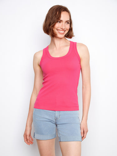 Chic pink tank top designed with wide straps, offering both style and support. By Charlie B.