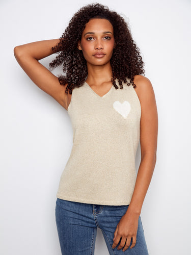 Chic sleeveless gold cami adorned with an adorable white heart motif by Charlie B.