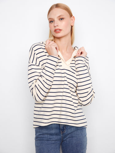 Striped navy and white hoodie featuring a stylish high-low hem, perfect for casual outings by Charlie B.