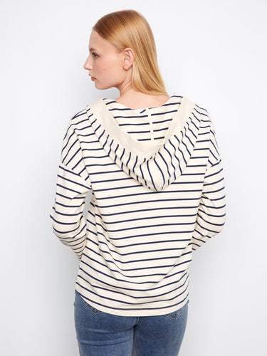 Elegant striped hoodie in navy and white with an attached hood for added style by Charlie B.