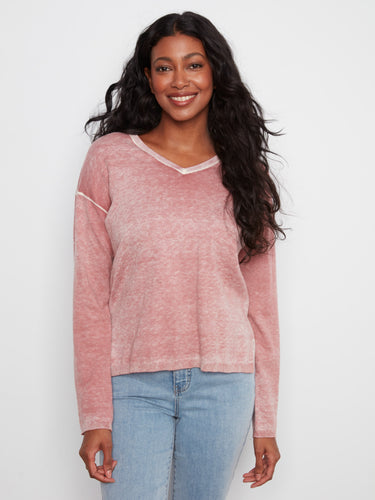 Rosebud sweater with a washed finish and cotton-blend knit, featuring a cozy V-neckline by Charlie B.