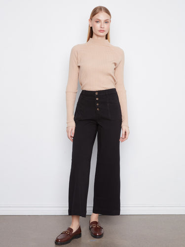 Black wide-leg pants featuring ankle length and button front, crafted from comfortable fabric by Charlie B.