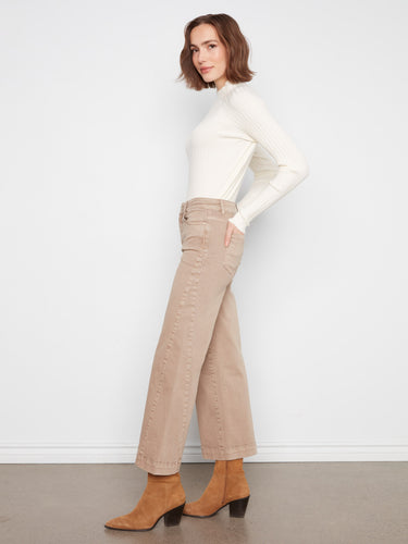 Wide-leg twill pants in latte with stretch fabric, complemented by a white top and brown boots for comfort by Charlie B.
