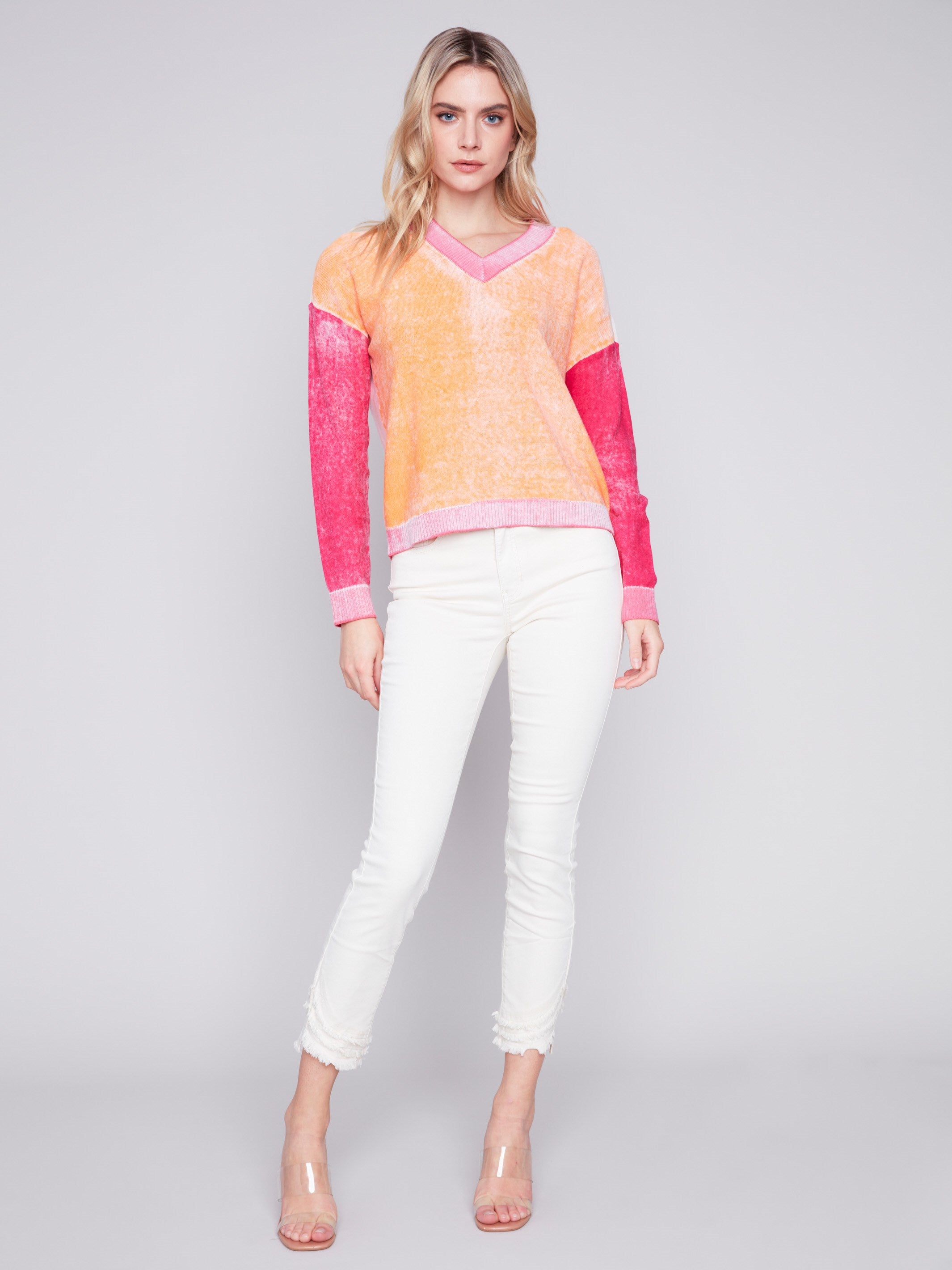Color Block Cotton Sweater - Tangerine - Charlie B Collection Canada - Image 3