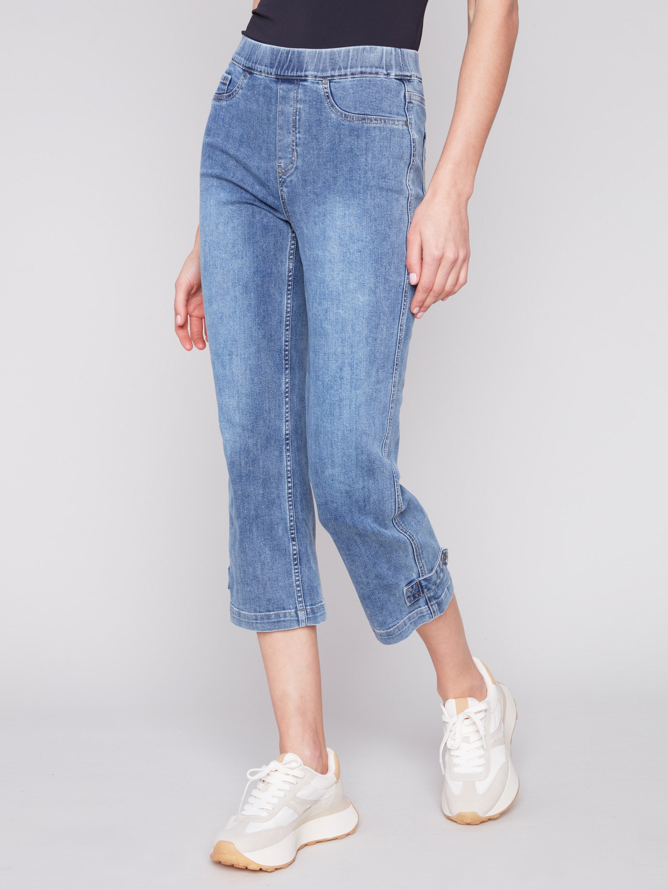 Cropped Pull-On Jeans with Hem Tab - Medium Blue - Charlie B Collection Canada - Image 3