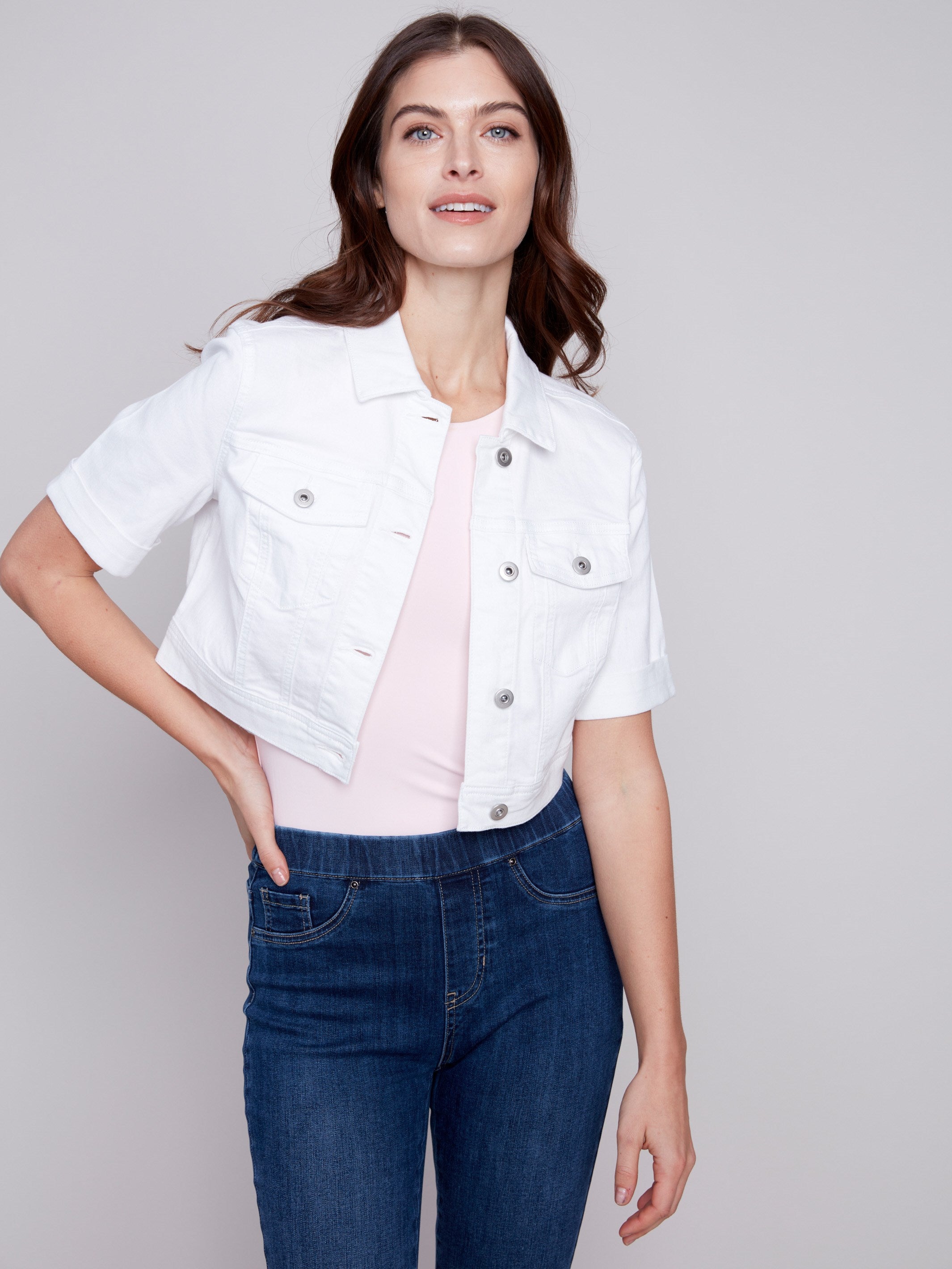 Cropped Twill Jean Jacket - White - Charlie B Collection Canada - Image 3