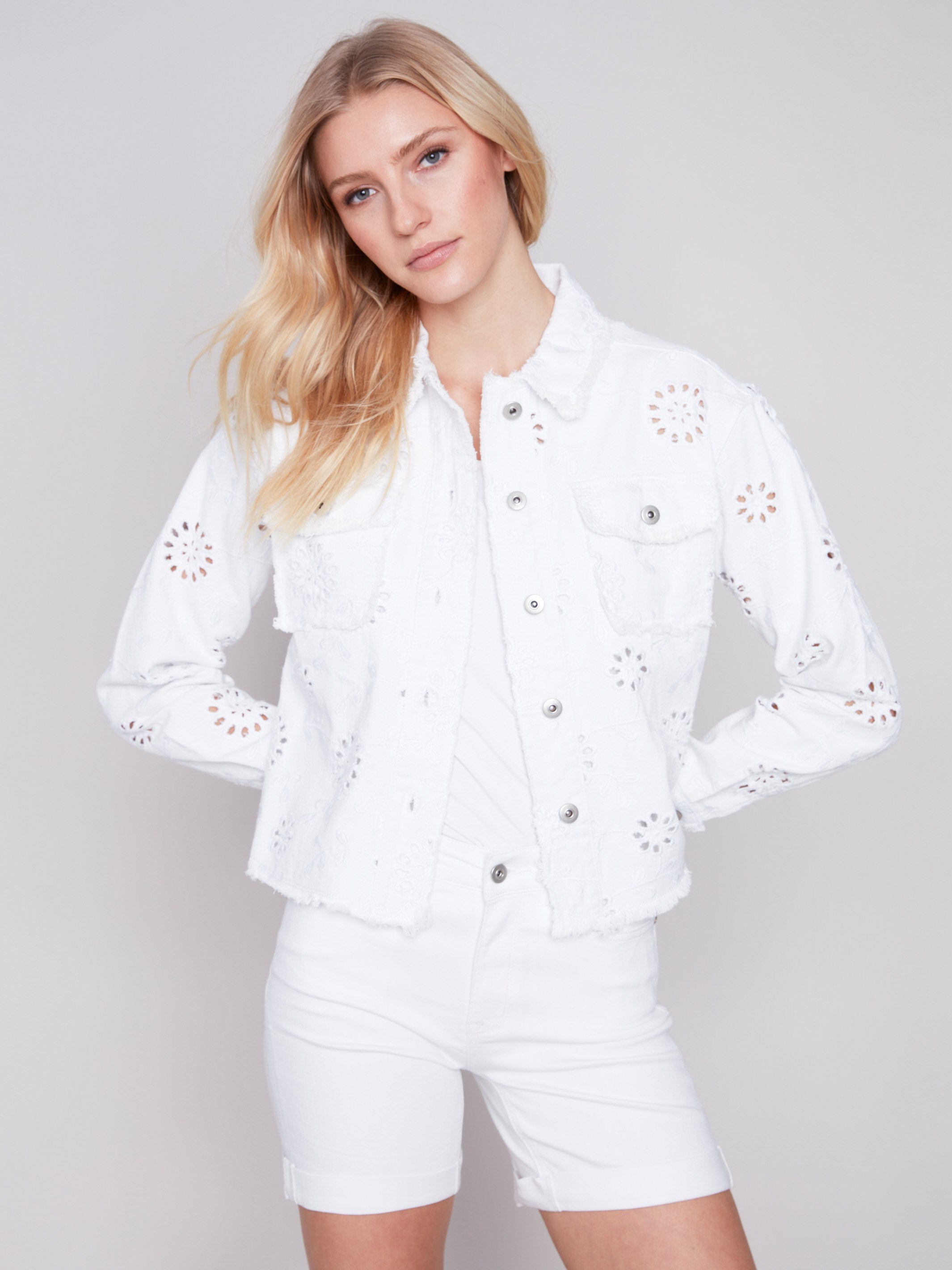 Embroidered Eyelet Denim Jacket - White - Charlie B Collection Canada - Image 2