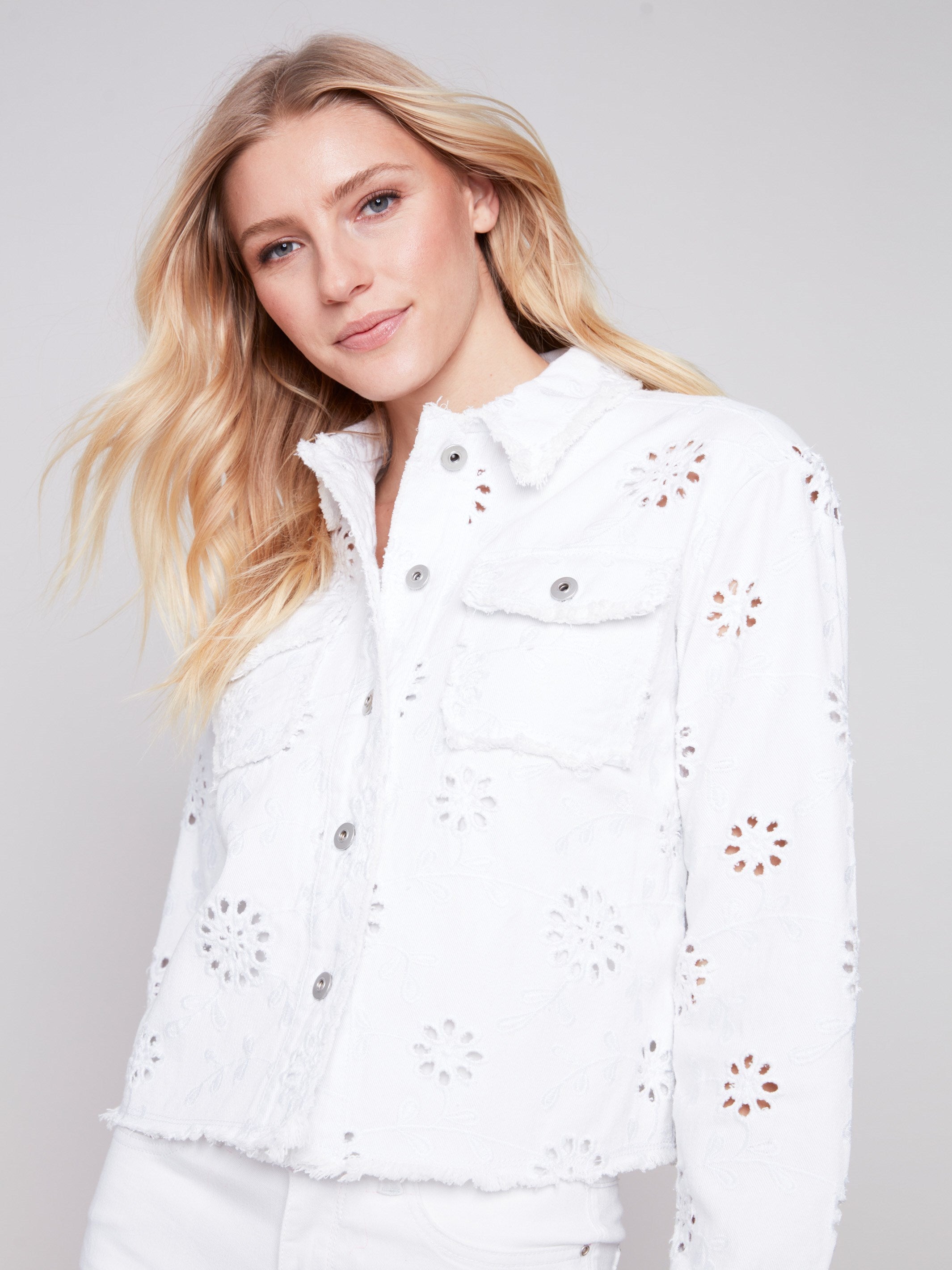 Embroidered Eyelet Denim Jacket - White - Charlie B Collection Canada - Image 4