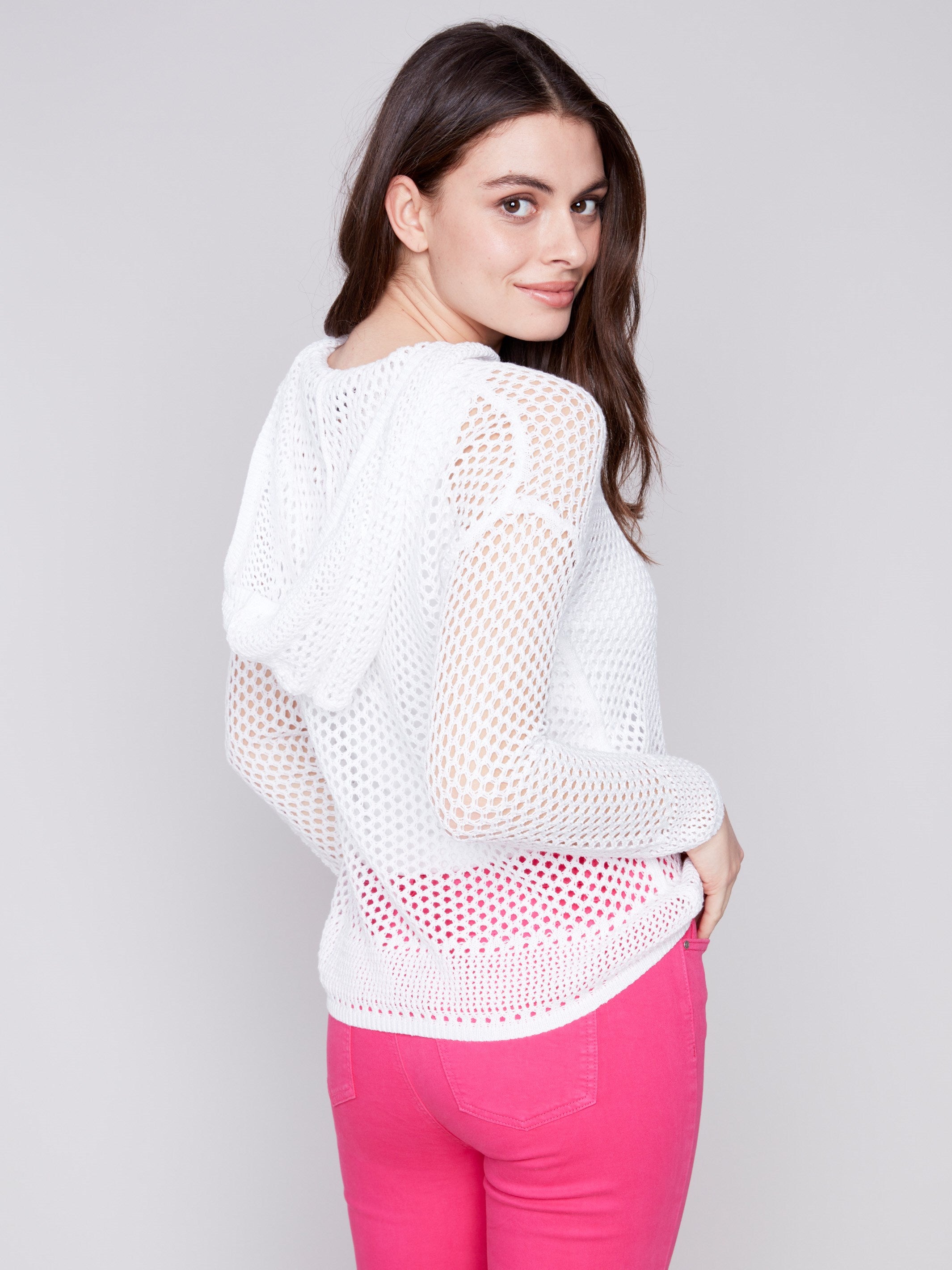 Fishnet Crochet Hoodie Sweater - White - Charlie B Collection Canada - Image 2
