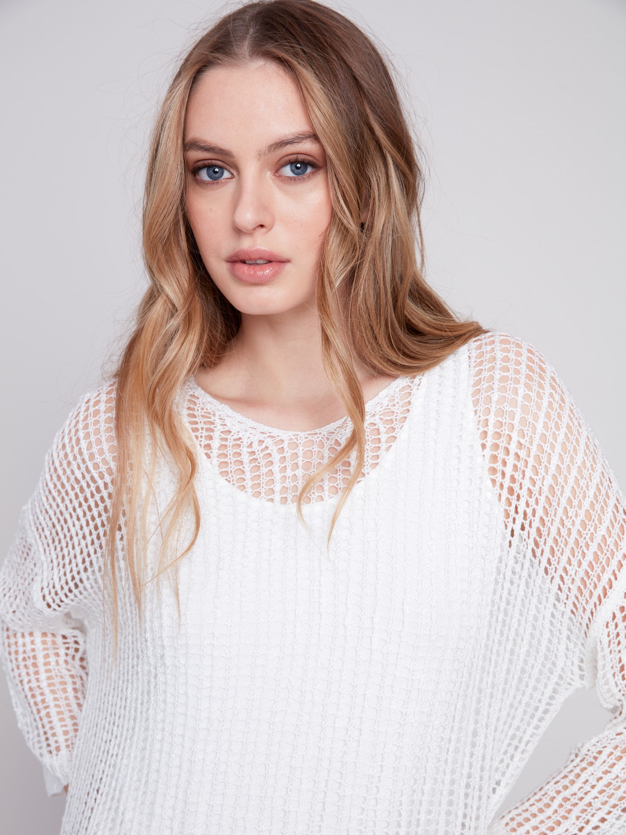 Fishnet Crochet Sweater - White - Charlie B Collection Canada - Image 4