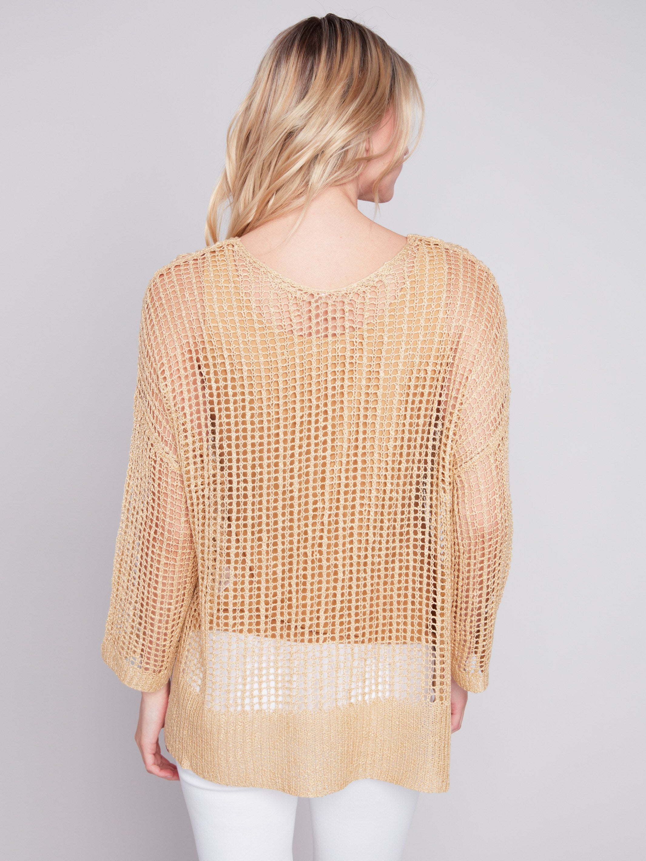 Fishnet Crochet Sweater - Gold - Charlie B Collection Canada - Image 2