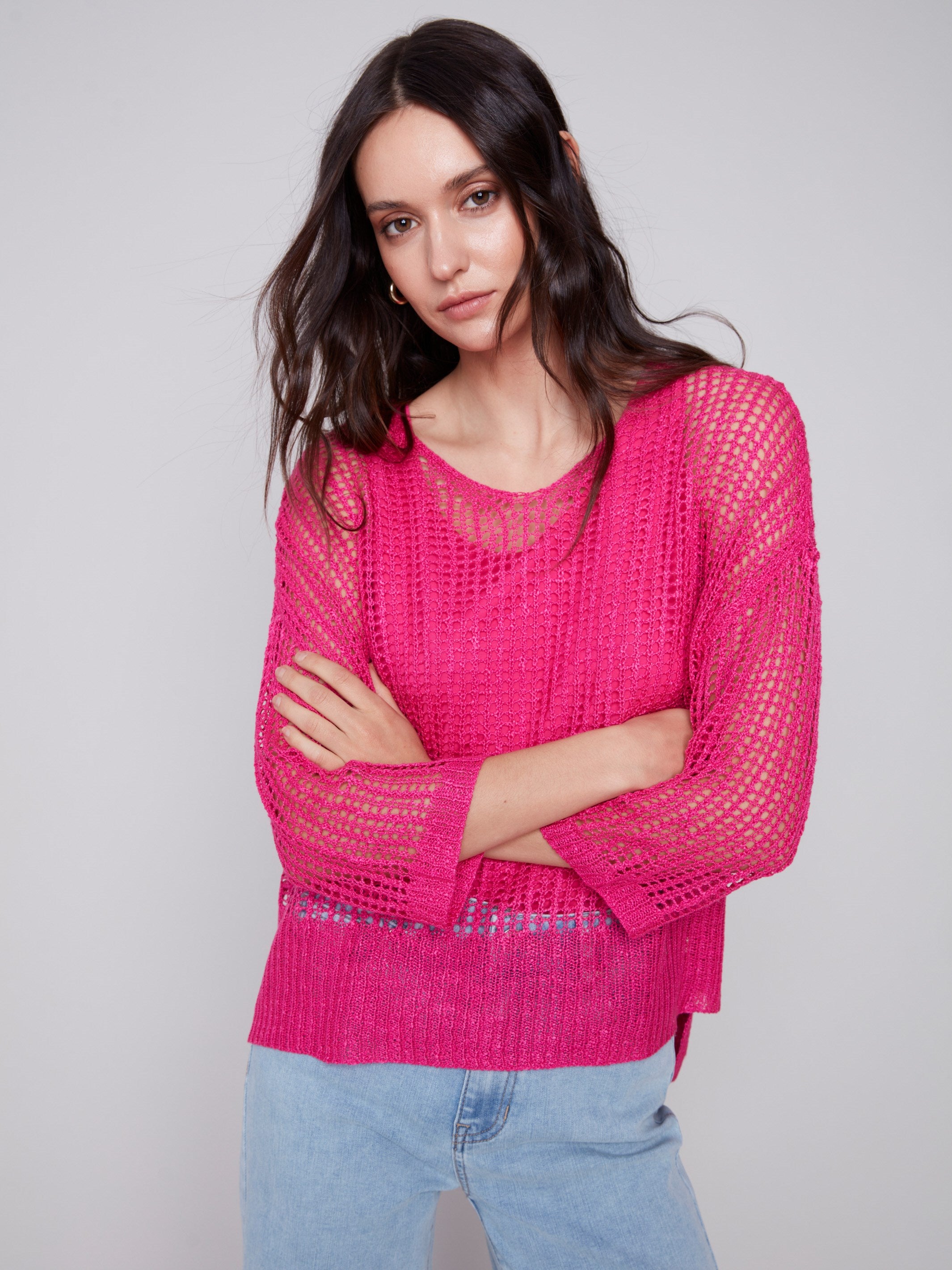 Fishnet Crochet Sweater - Punch - Charlie B Collection Canada - Image 6