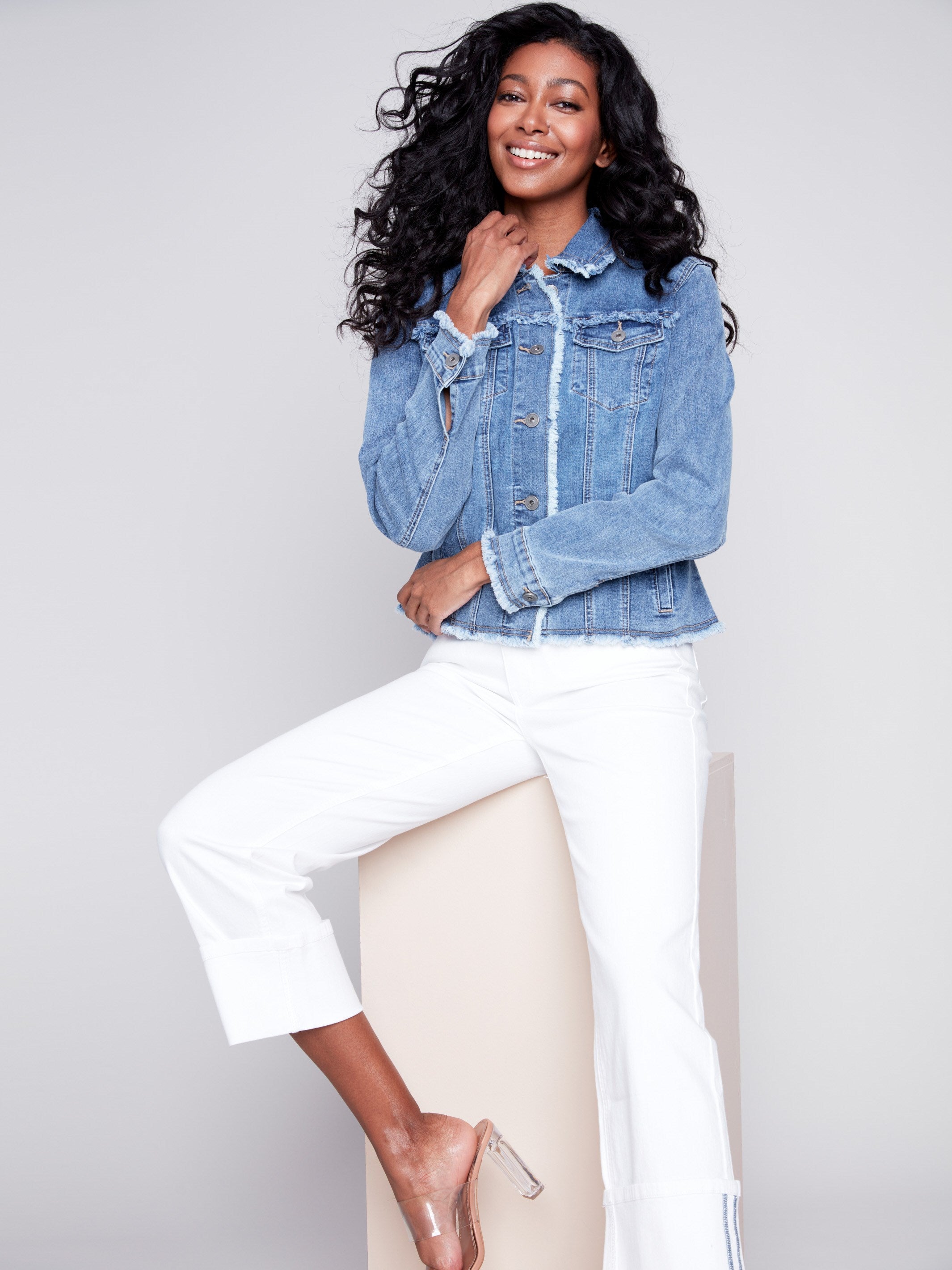 Jean Jacket with Frayed Edges - Medium Blue - Charlie B Collection Canada - Image 2