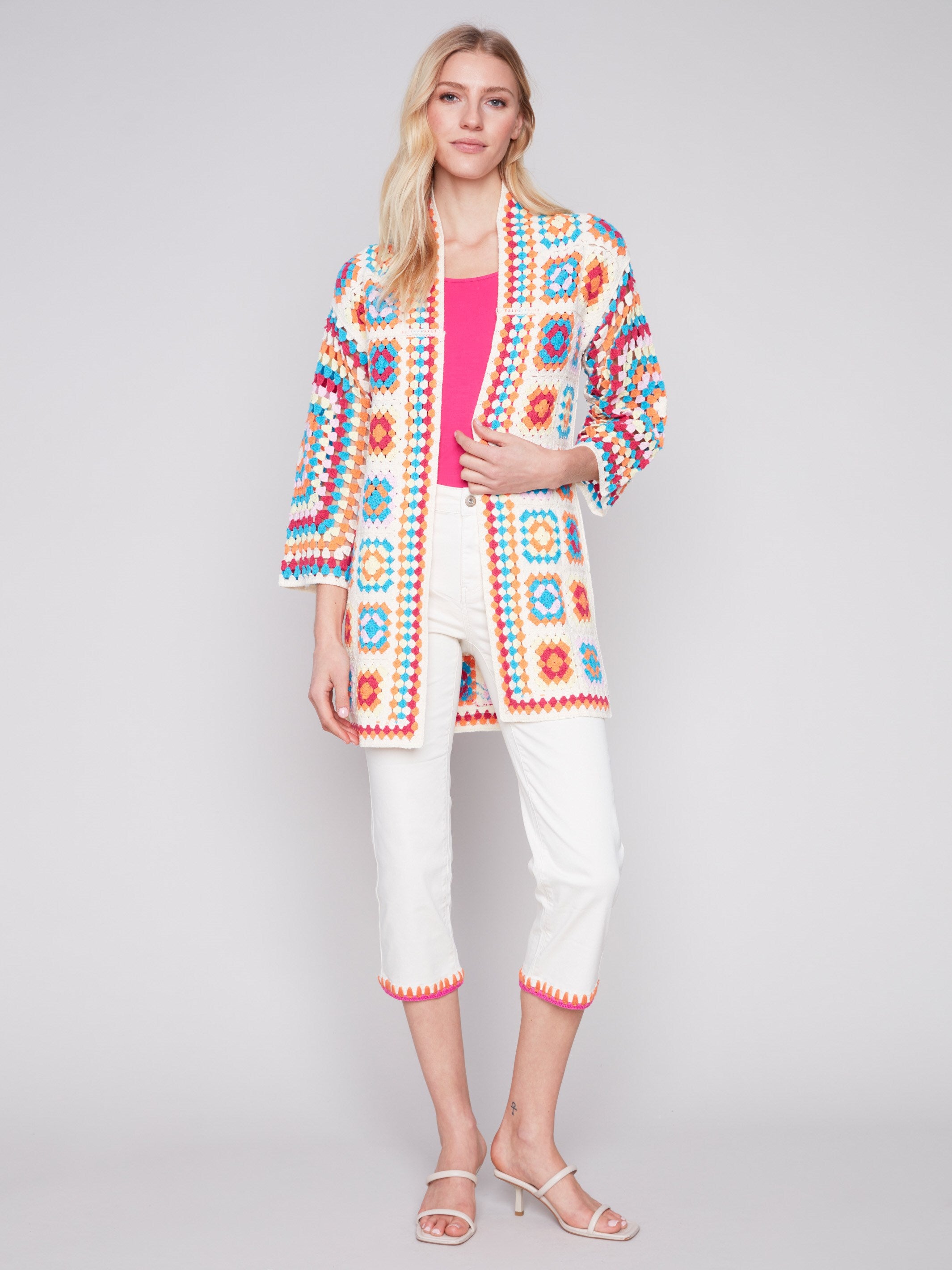 Long Color Block Crochet Cardigan - Punch - Charlie B Collection Canada - Image 3