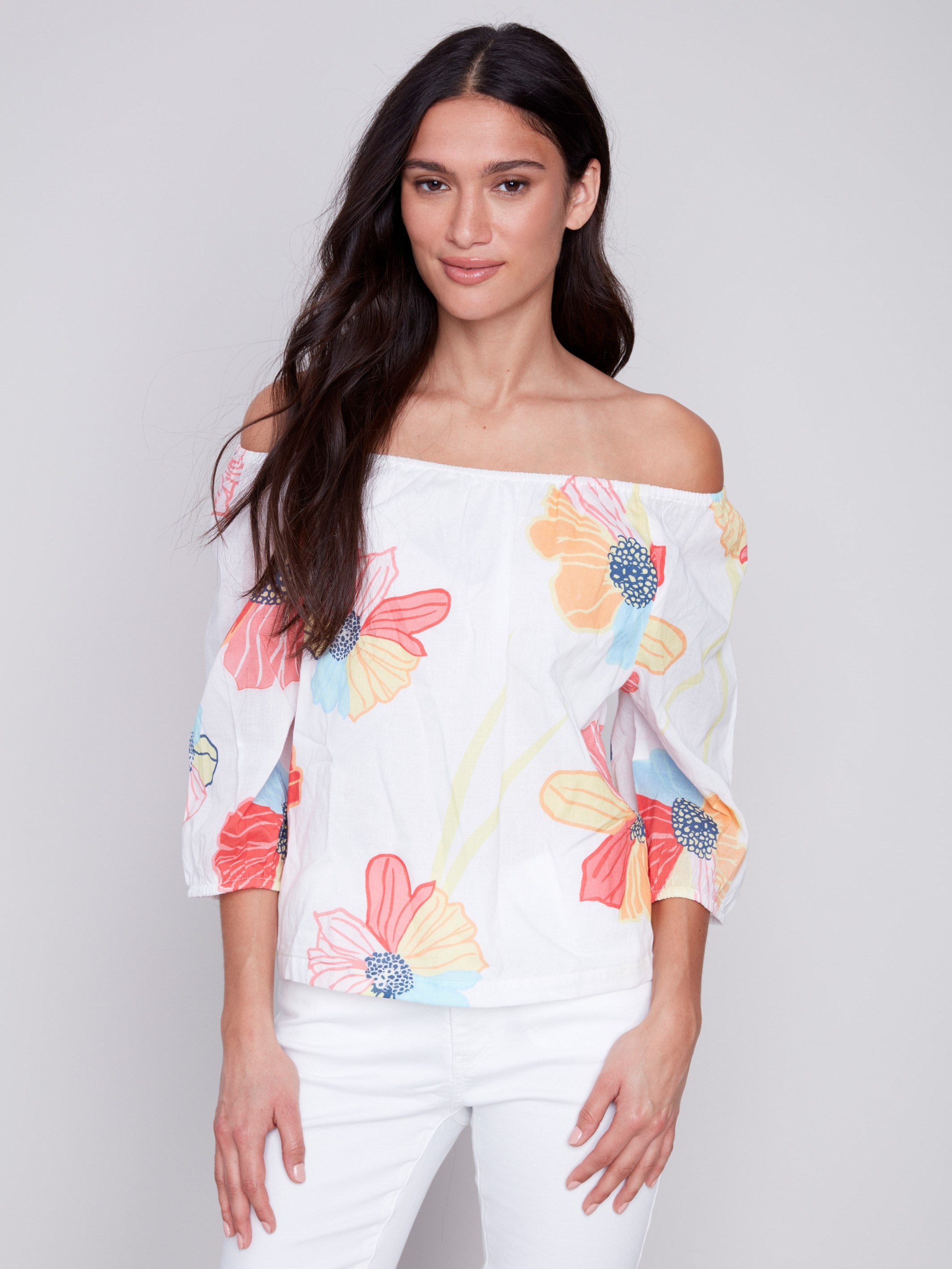 Off-The-Shoulder Cotton Blouse - Flowers - Charlie B Collection Canada - Image 1