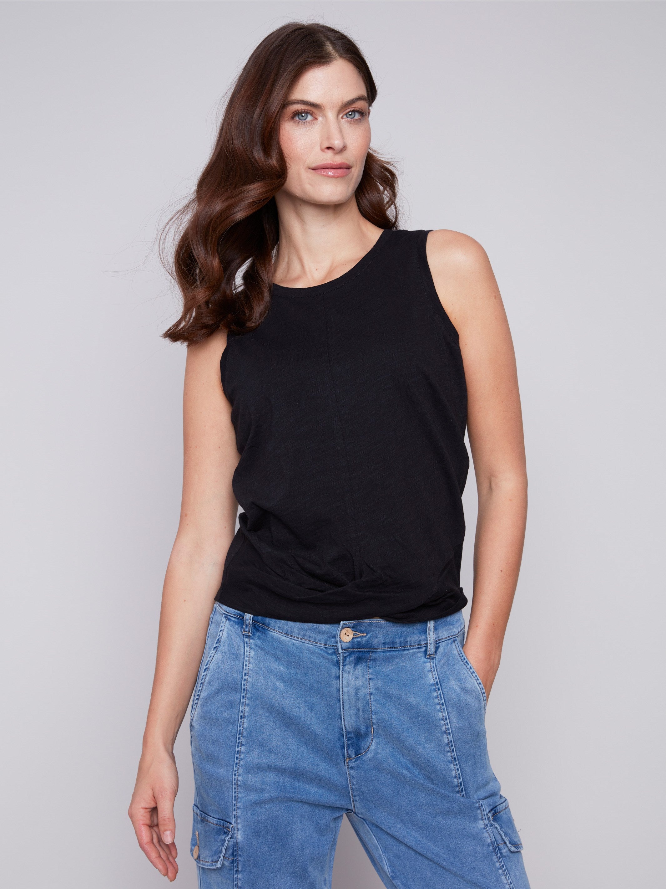 Organic Cotton Tank Top With Knot Detail - Black - Charlie B Collection Canada - Image 1