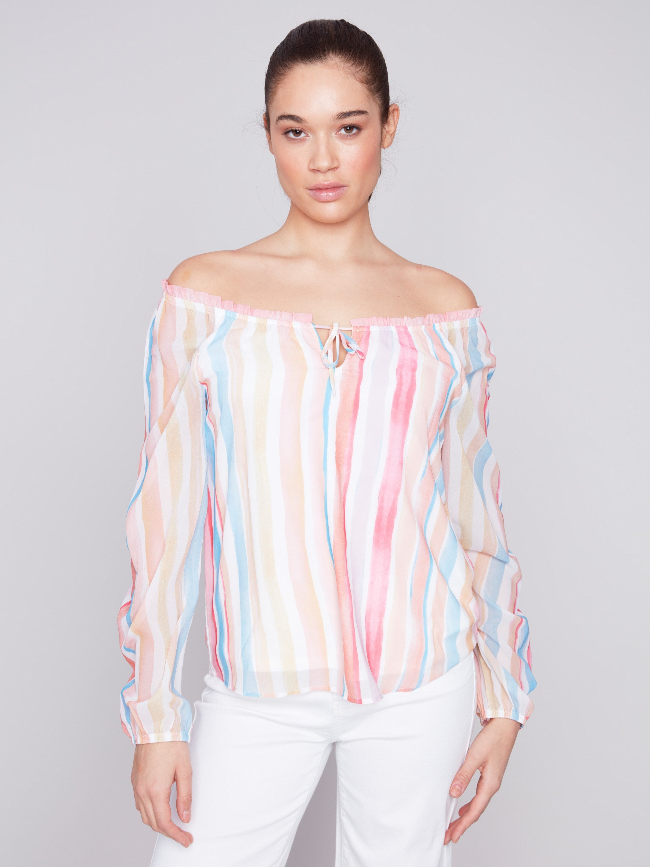 Printed Chiffon Blouse - Stripes - Charlie B Collection Canada - Image 1