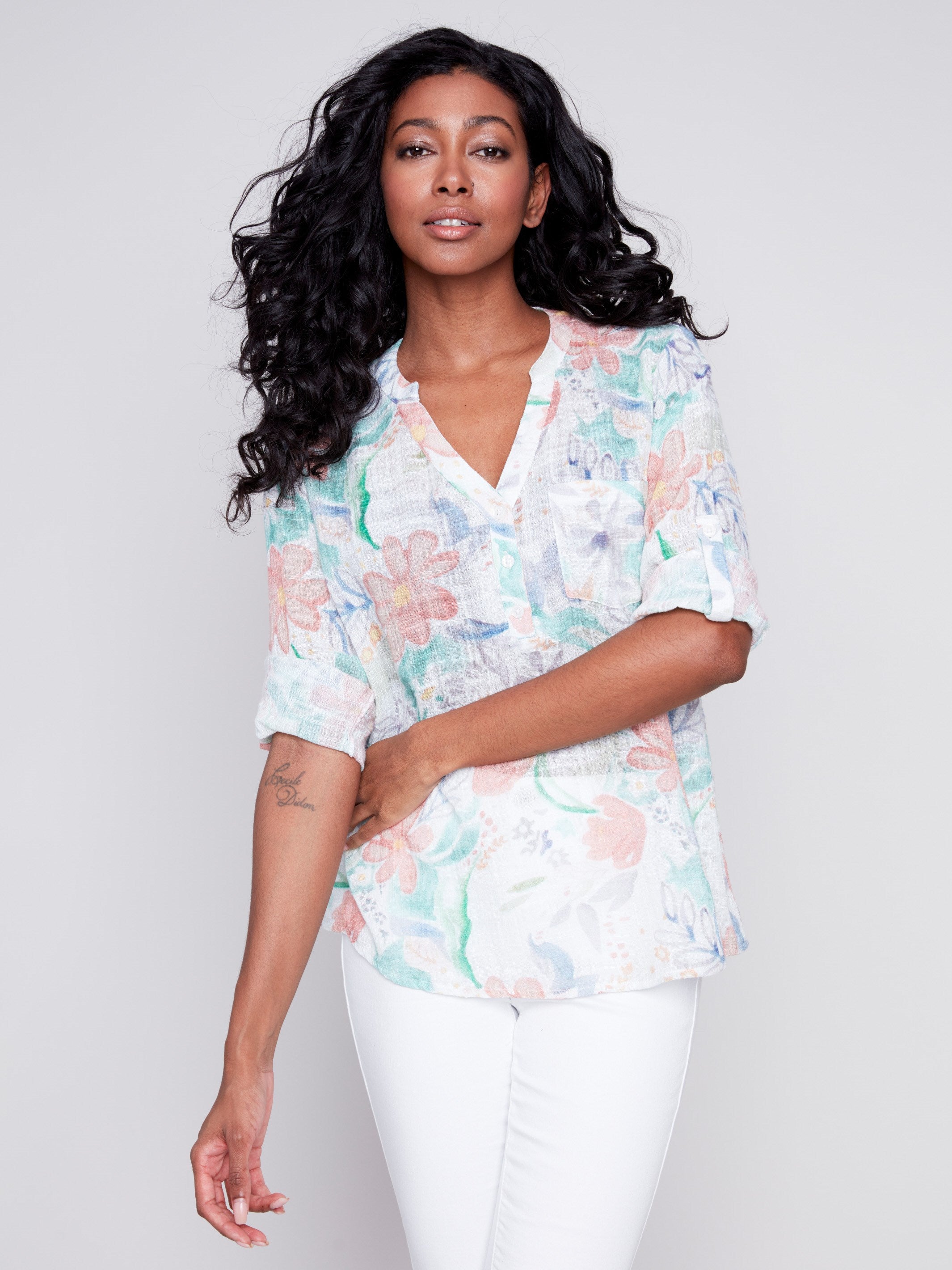 Printed Cotton Gauze Blouse - Lotus - Charlie B Collection Canada - Image 2