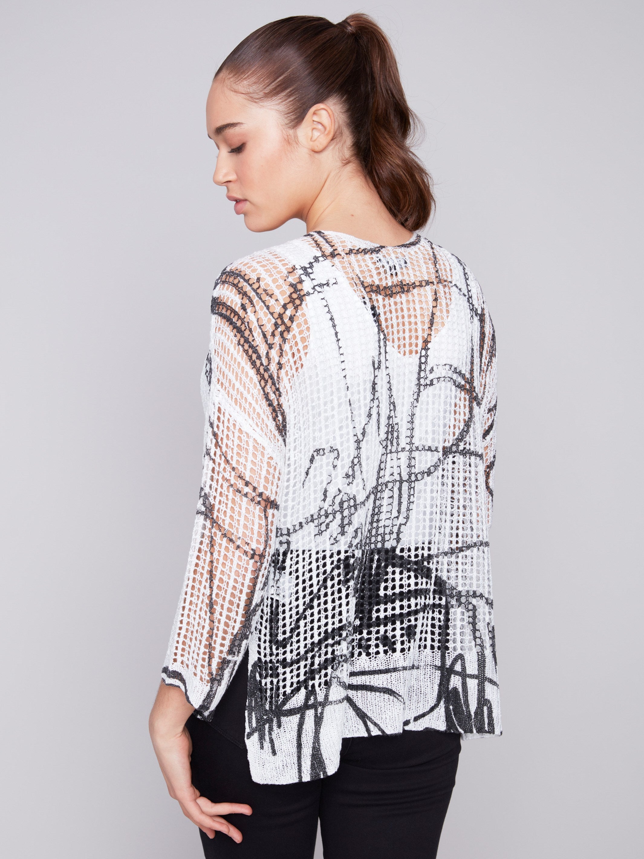 Printed Fishnet Crochet Sweater - Pepper - Charlie B Collection Canada - Image 2