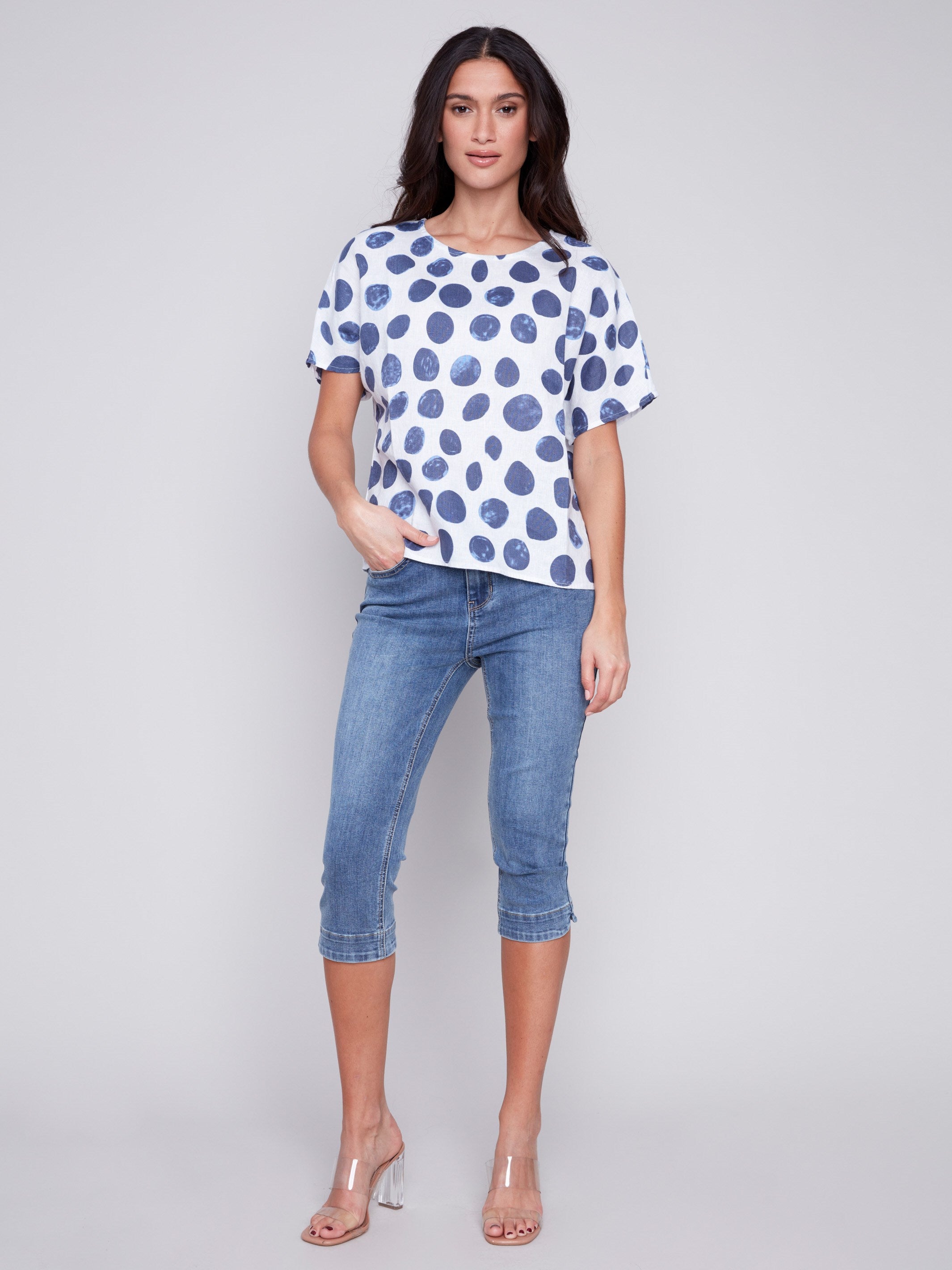 Printed Linen Dolman Top - Dots - Charlie B Collection Canada - Image 3