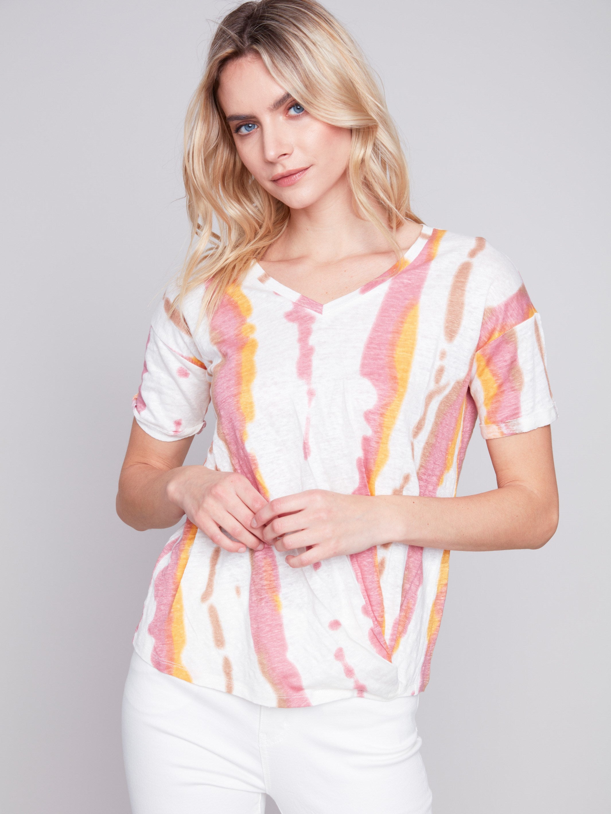 Printed Linen Top With Front Twist Knot - Natural - Charlie B Collection Canada - Image 5