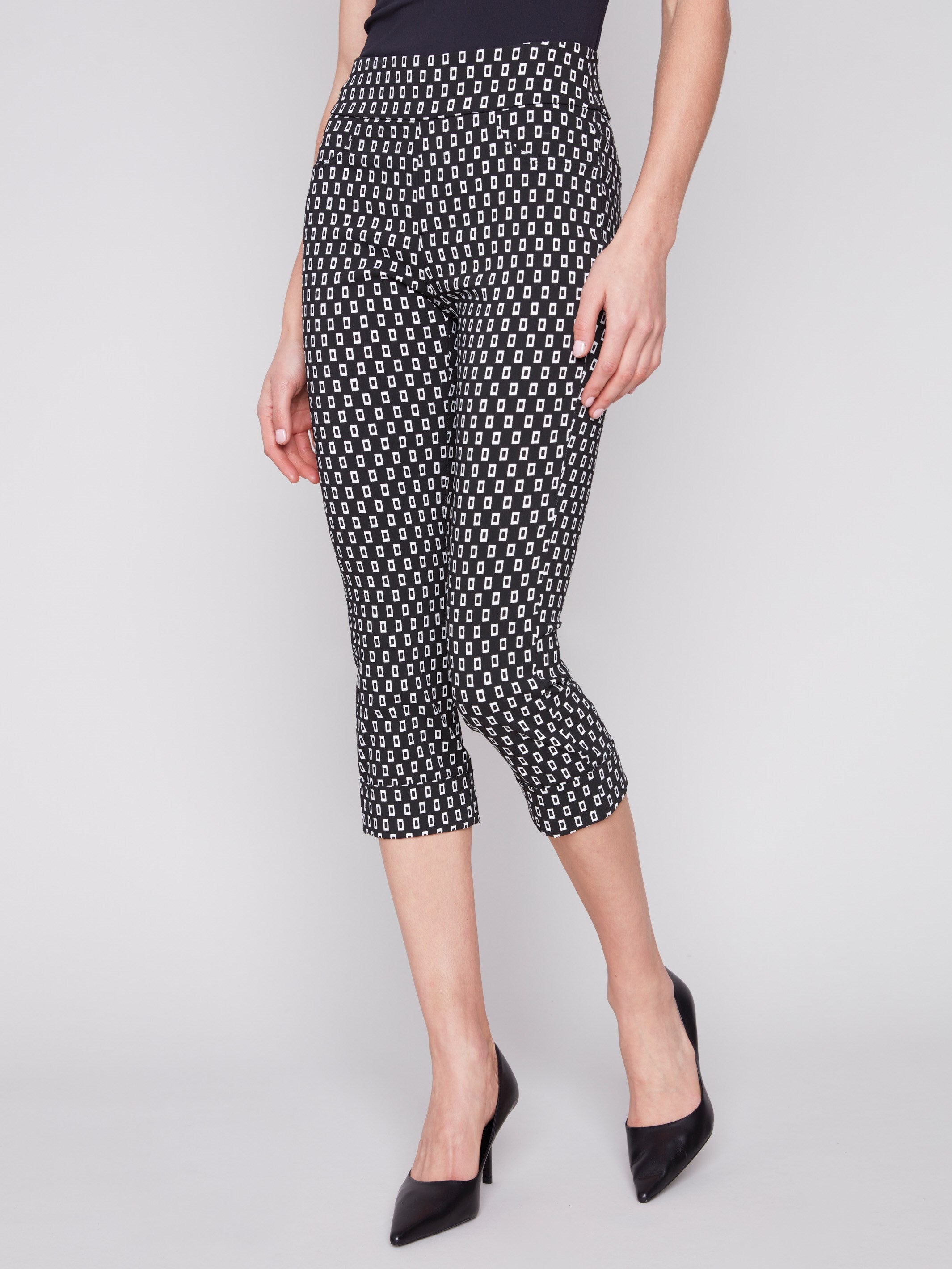 Printed Stretch Pull-On Capri Pants - White Tiles - Charlie B Collection Canada - Image 2