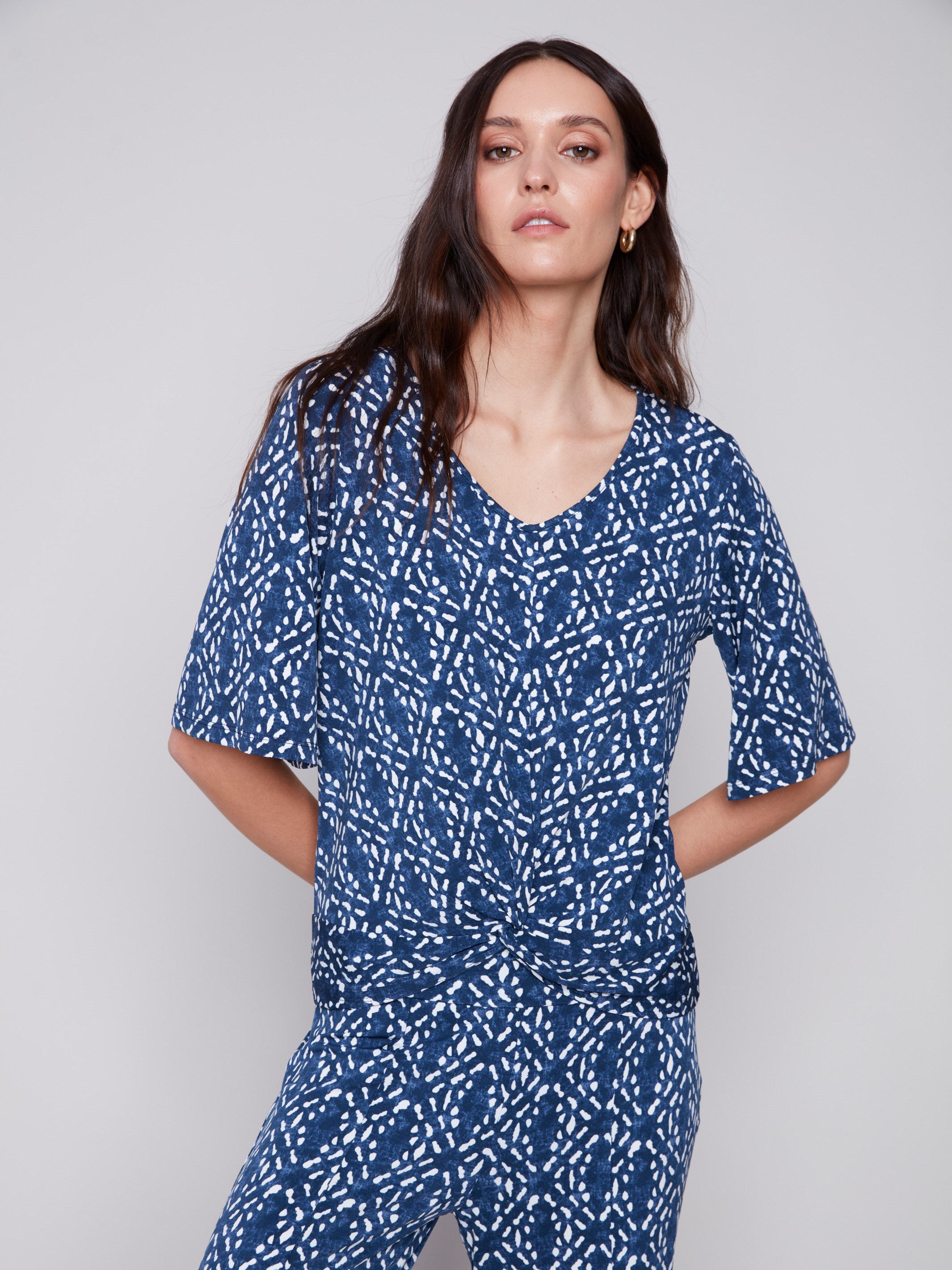 Short-Sleeved Printed Top with Front Knot - Indigo - Charlie B Collection Canada - Image 1