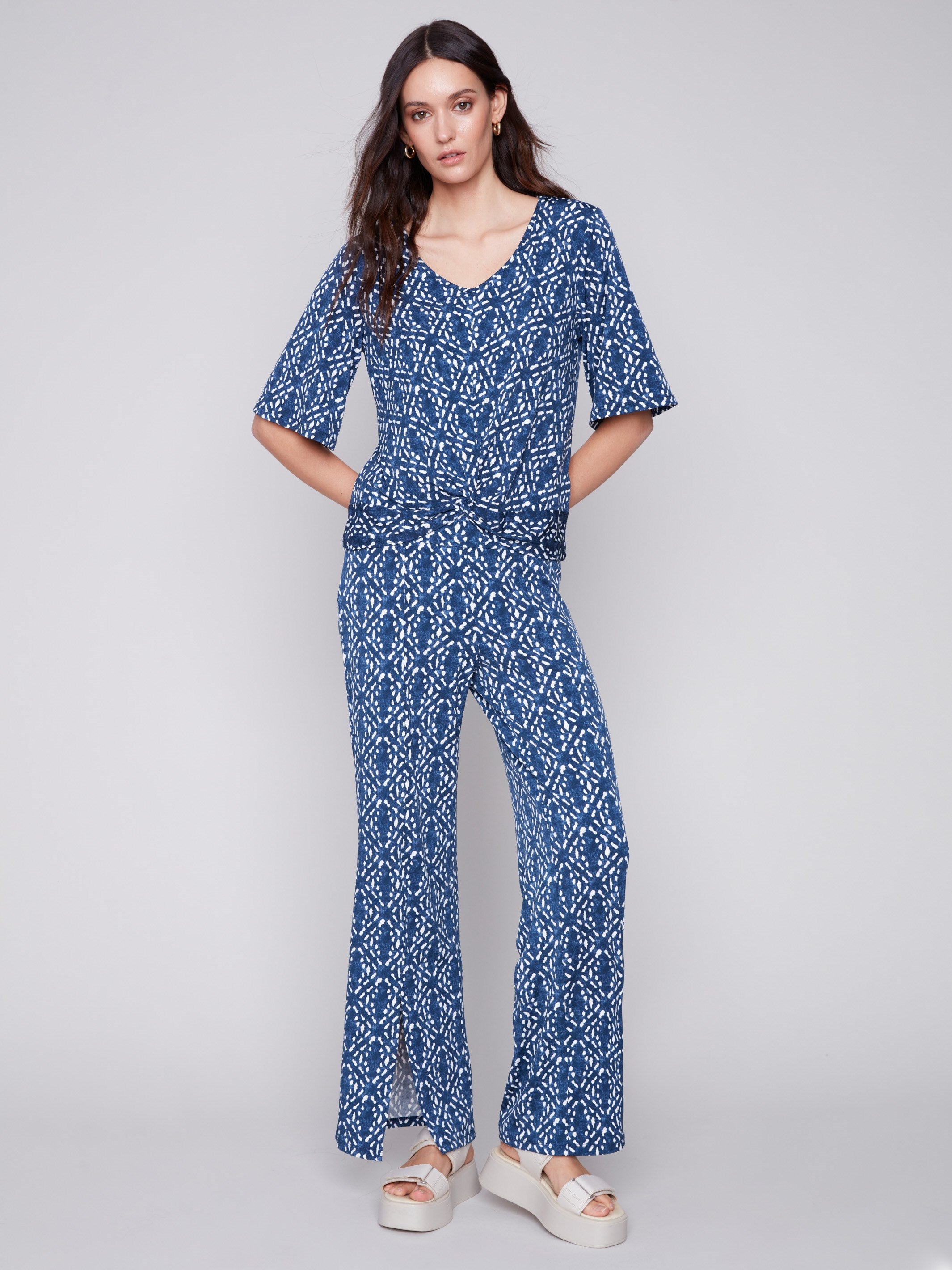 Short-Sleeved Printed Top with Front Knot - Indigo - Charlie B Collection Canada - Image 3