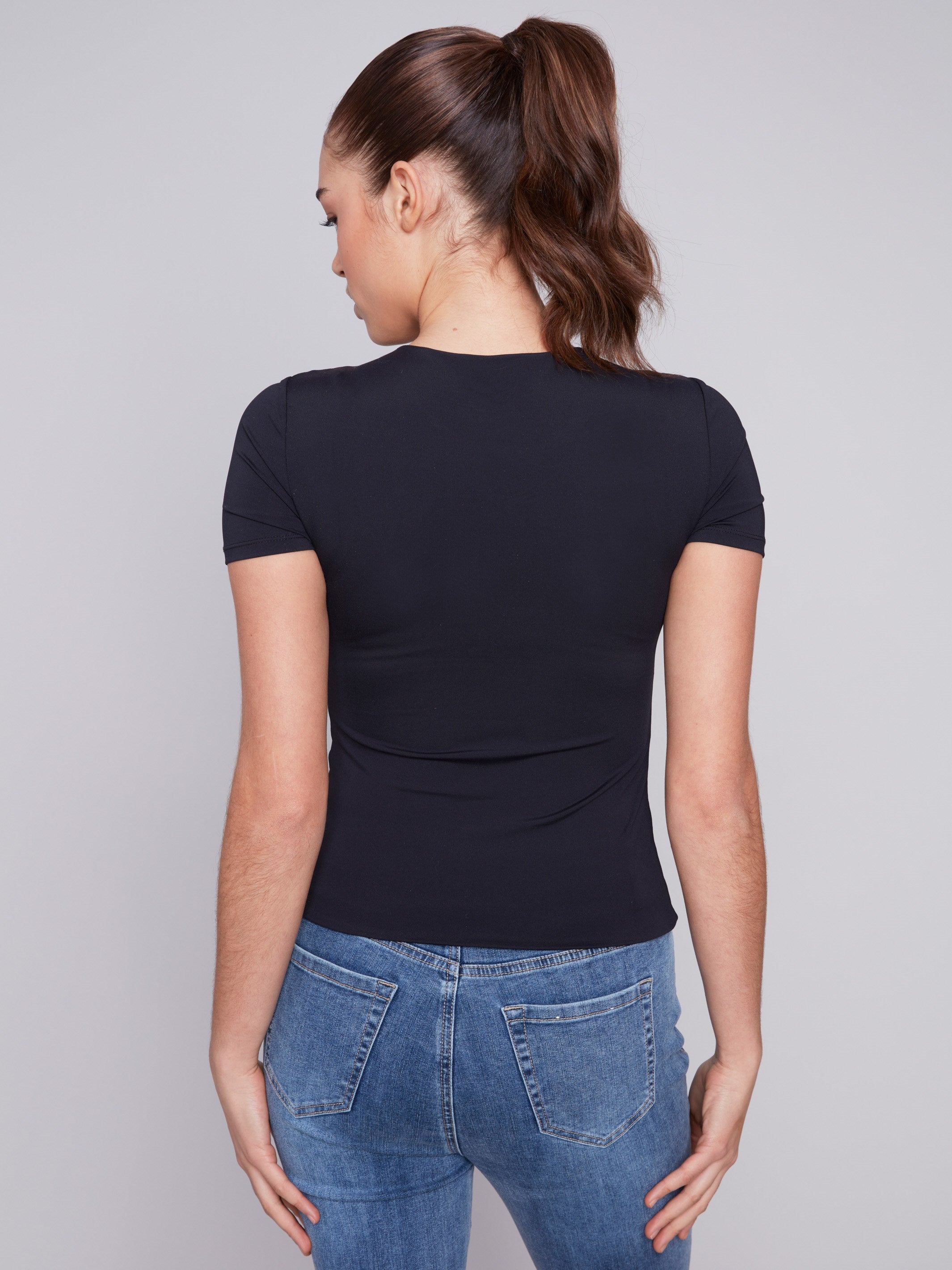 Short-Sleeved Super Stretch Top - Black - Charlie B Collection Canada - Image 2