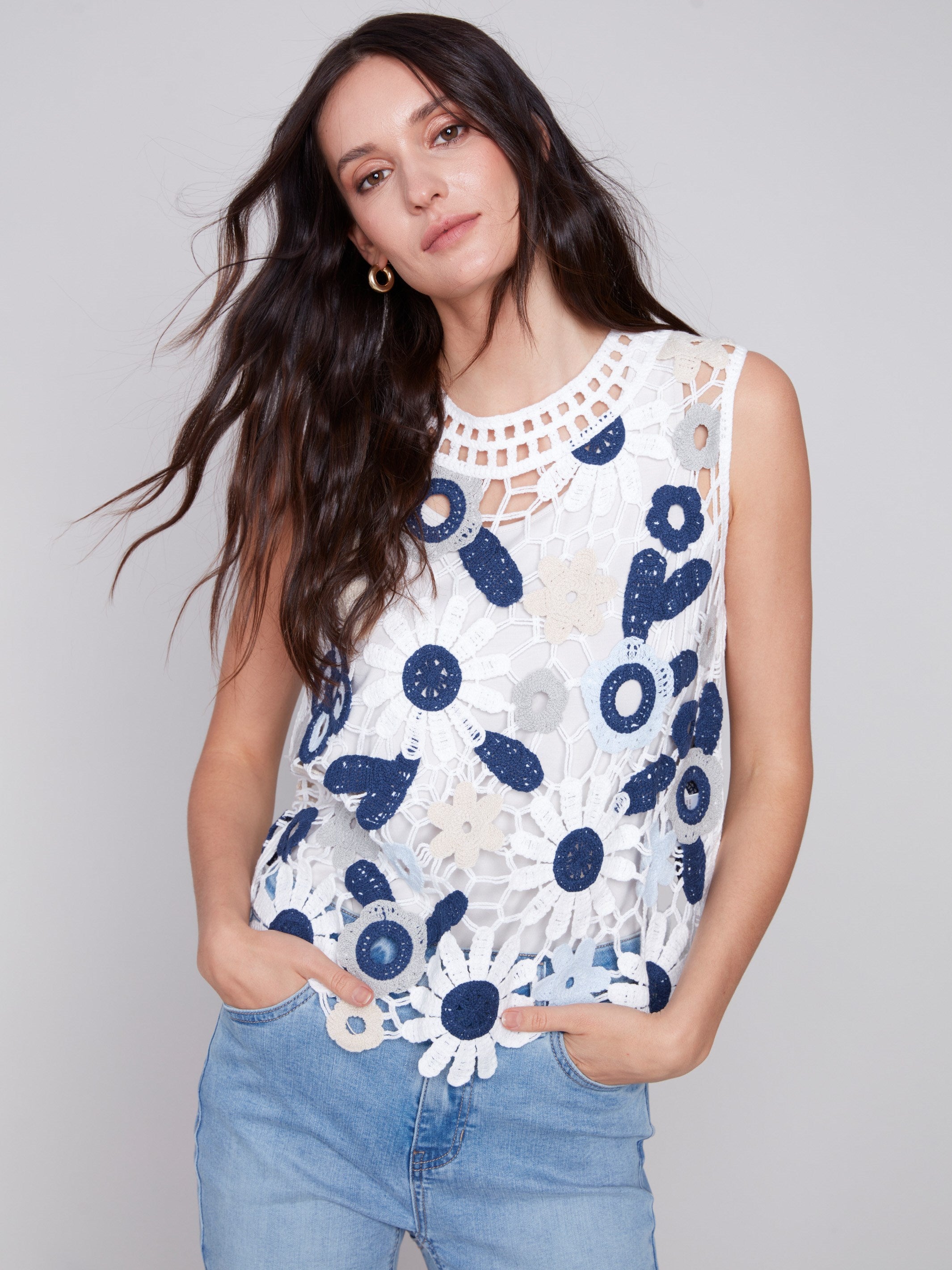 Sleeveless Crochet Top With Floral Pattern - Celadon - Charlie B Collection Canada - Image 5