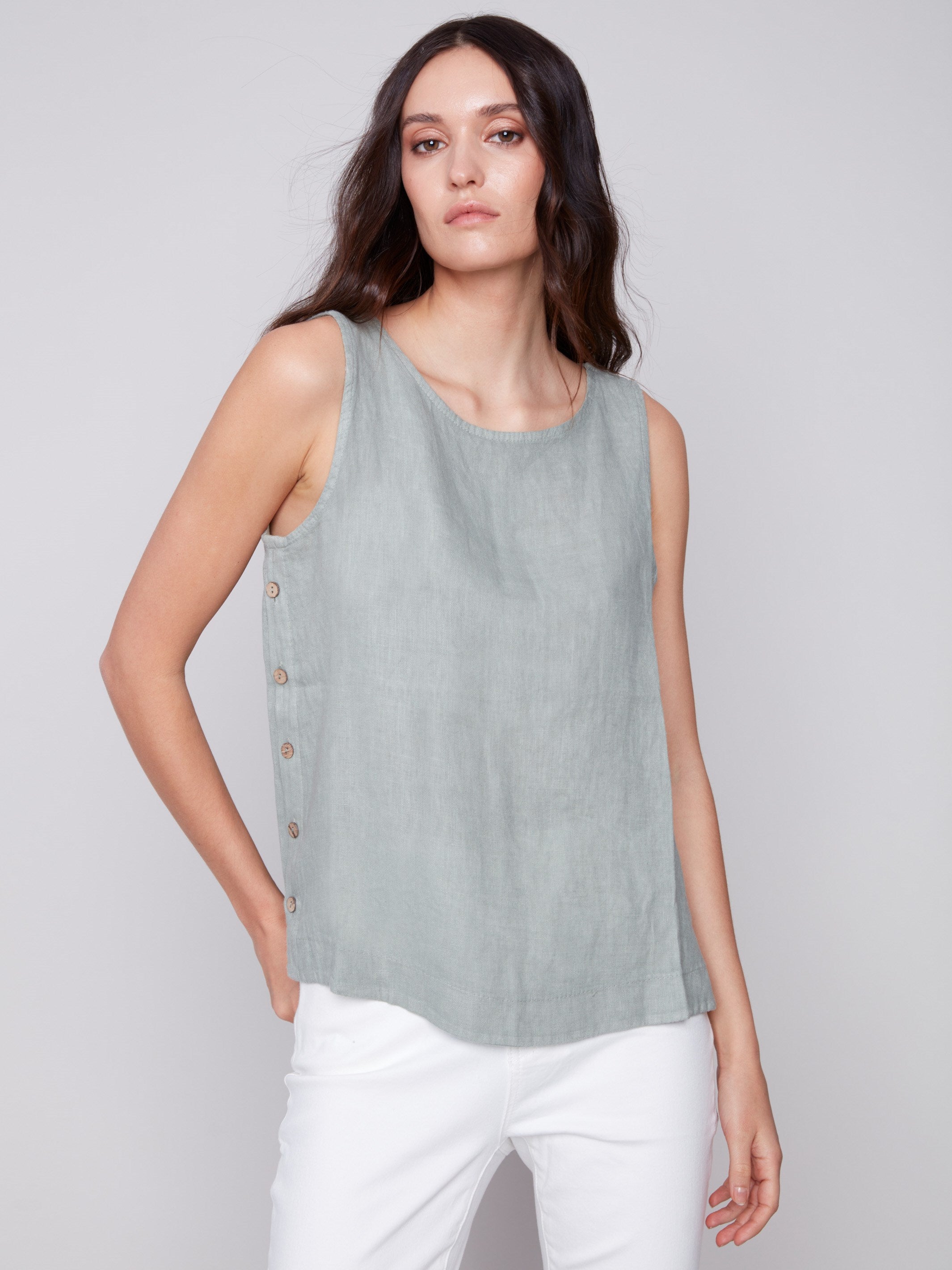 Sleeveless Linen Top with Side Buttons - Celadon - Charlie B Collection Canada - Image 1