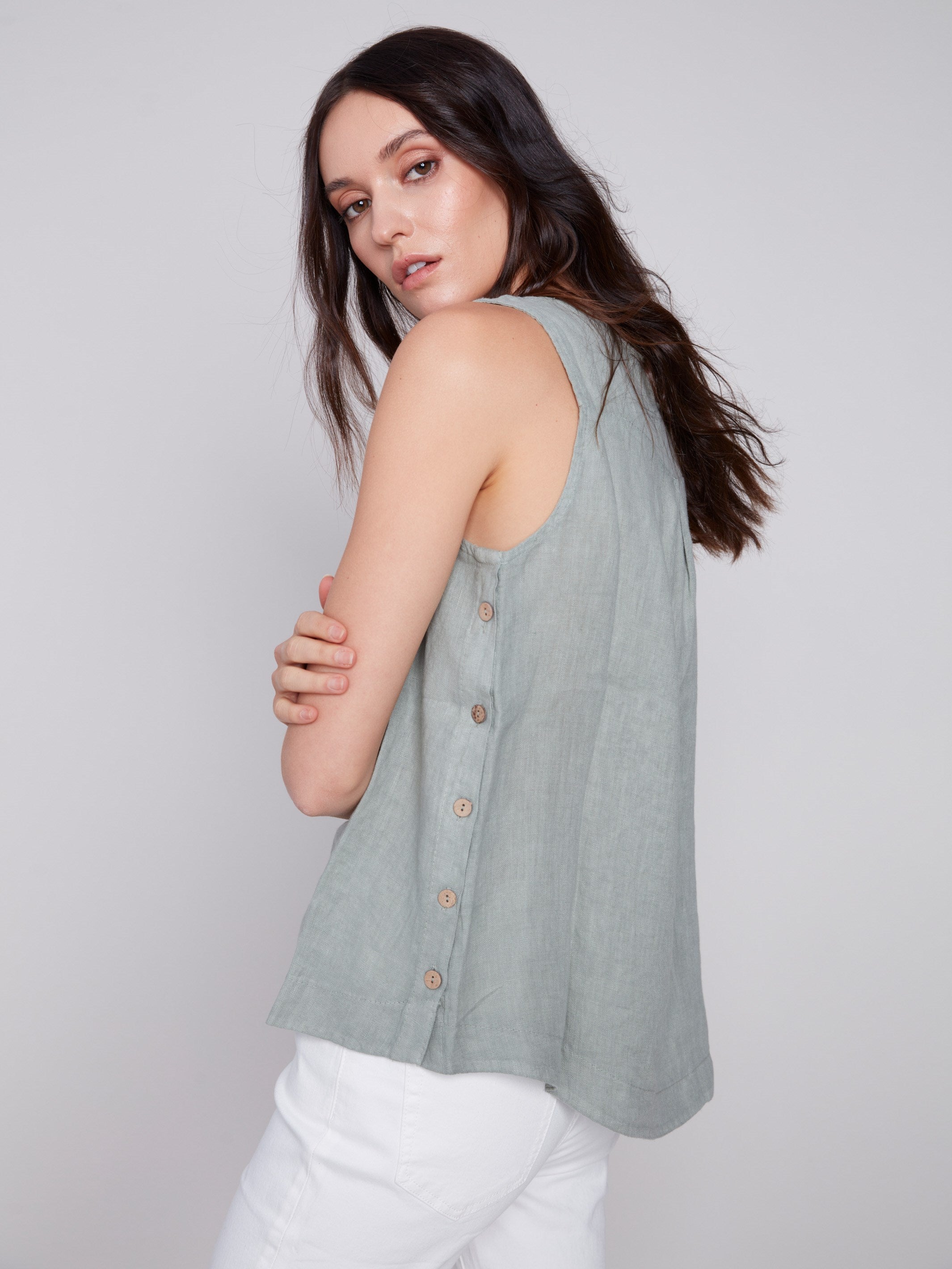 Sleeveless Linen Top with Side Buttons - Celadon - Charlie B Collection Canada - Image 2