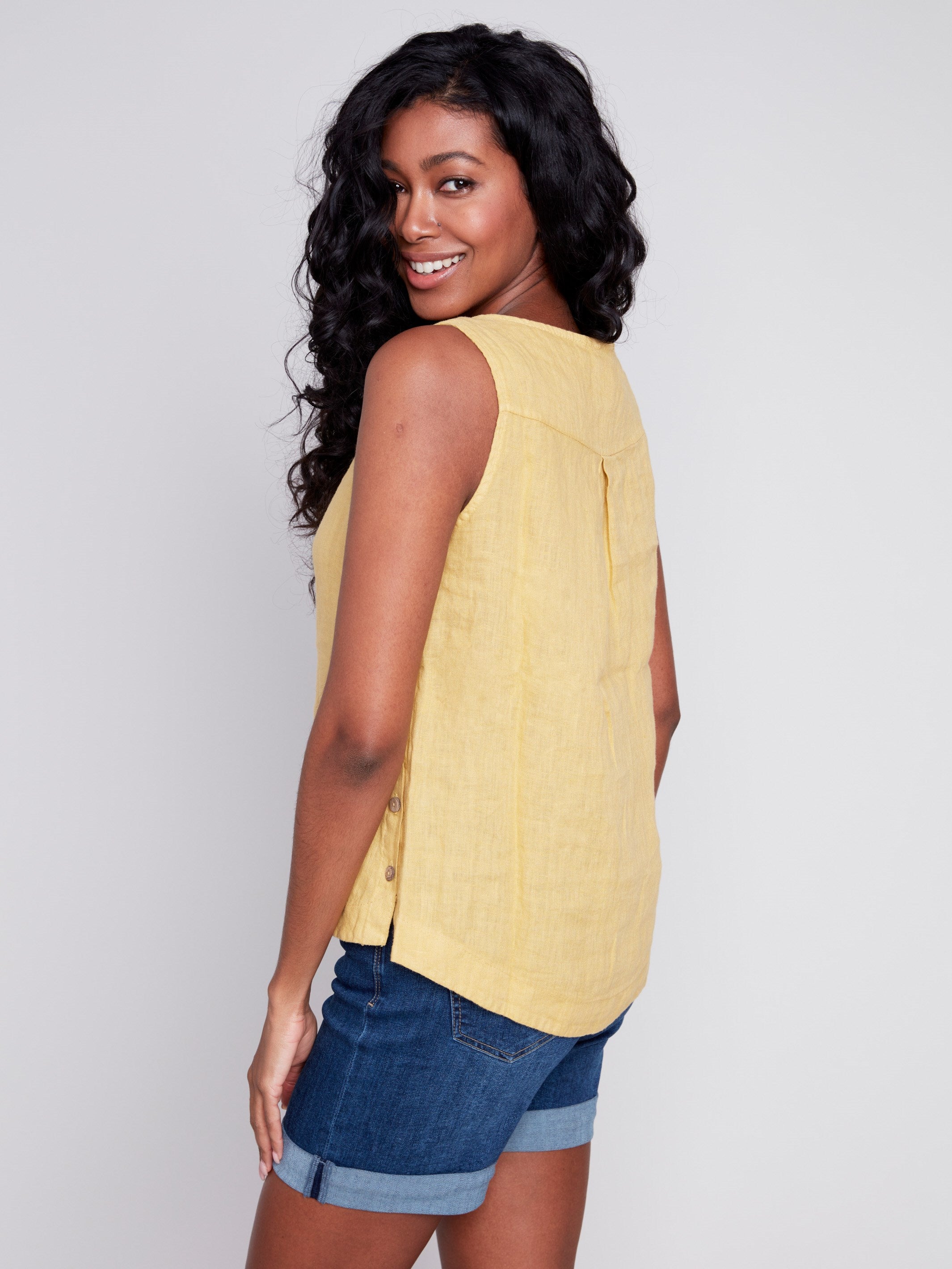 Sleeveless Linen Top with Side Buttons - Corn - Charlie B Collection Canada - Image 2