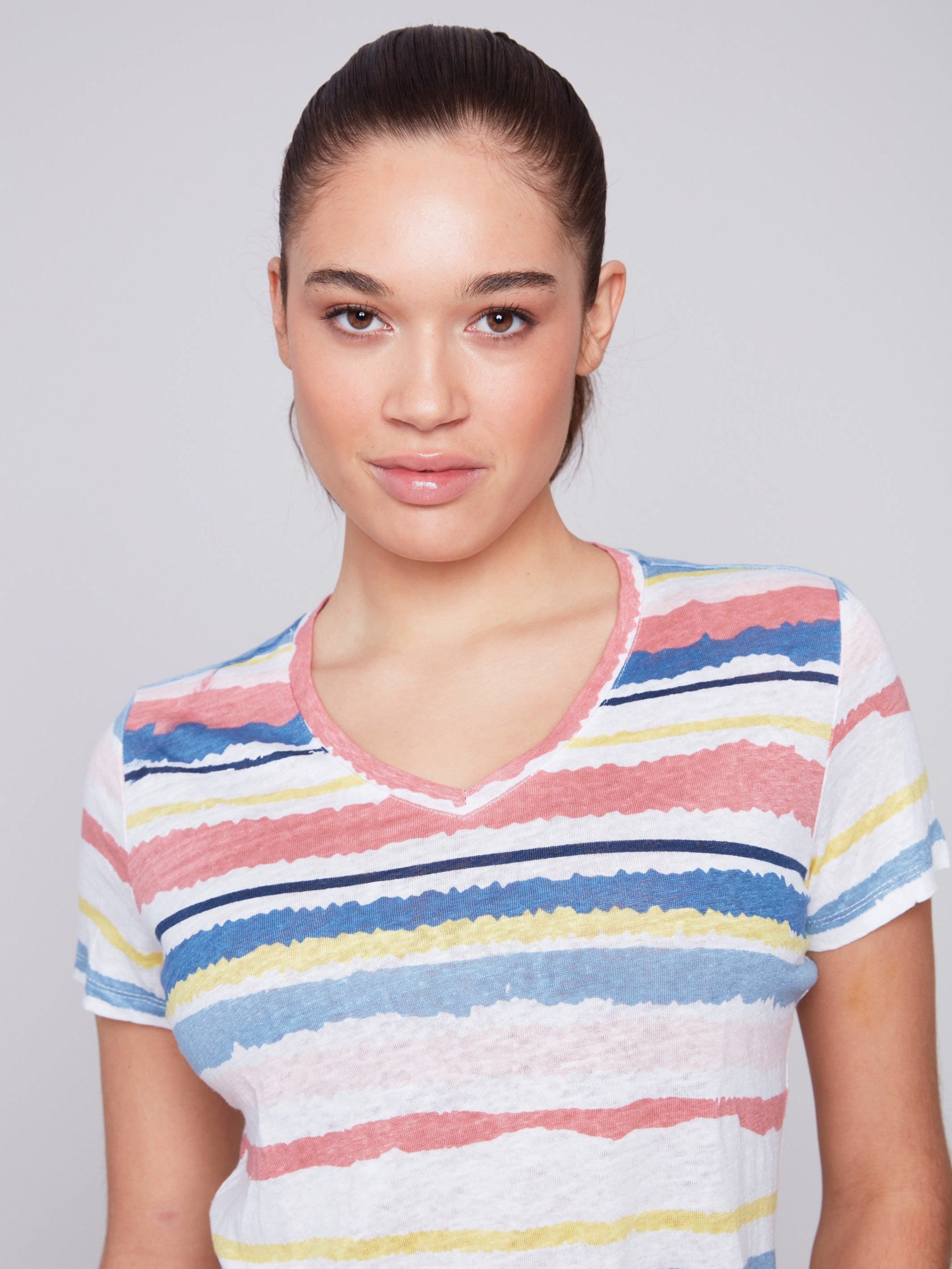 Striped V-Neck Linen T-Shirt - Pastel - Charlie B Collection Canada - Image 4