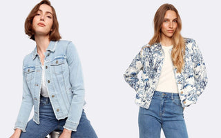 Two women modelling a light wash frayed denim jacket and a blue floral print jacket from Charlie B Collection.