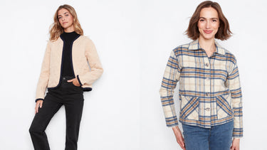 A quilted cream jacket and a plaid jacket shown side by side for comparison 