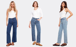 Three women modeling wide-leg denim jeans in dark indigo, medium wash, and light wash, paired with white tops and sandals or loafers.