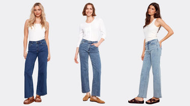 Three women modeling wide-leg denim jeans in dark indigo, medium wash, and light wash, paired with white tops and sandals or loafers.