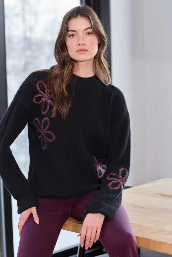 Mock Neck Floral Soutache Sweater - Black