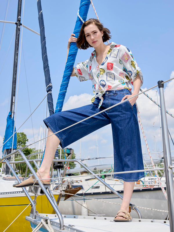Printed Linen Blend Front-Tie Blouse - Postcard