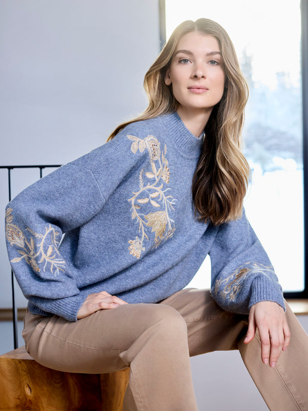 Mock Neck Sweater with Sequin Detail - Heather Denim