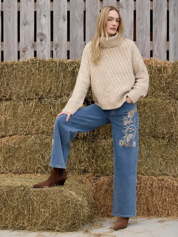Jeans brodés à jambes larges avec motifs floraux - Bleu Moyen