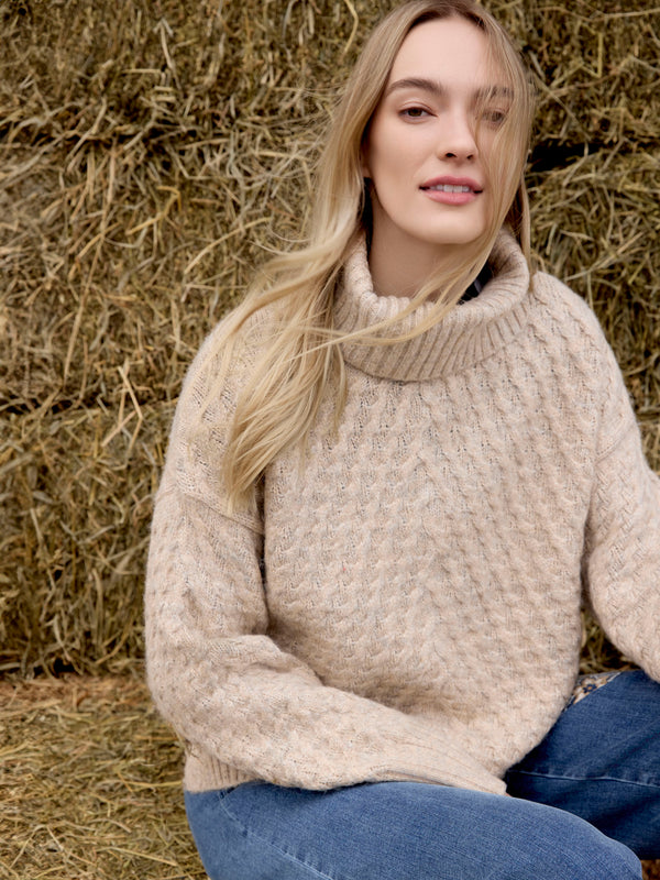 Cowl Neck Diagonal Cable Sweater - Heather Oat