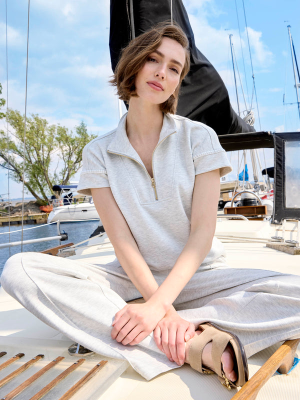 Haut manches courtes en scuba doux à demi-zip - Gris Pâle Chiné