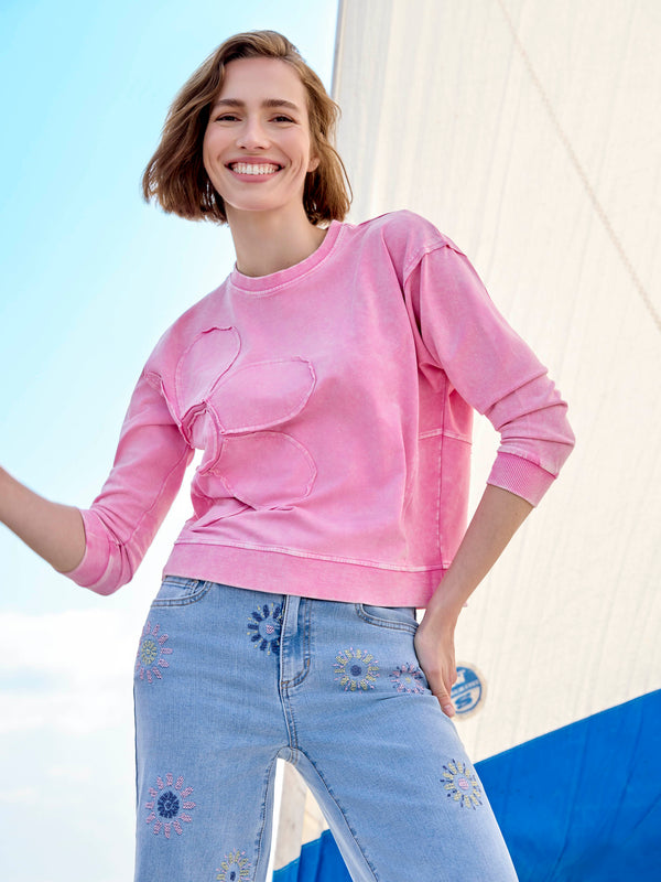 Long Sleeve Top With Flower Appliqué - Candy