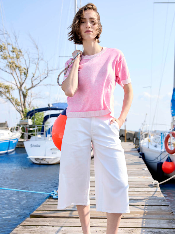 Pantalon palazzo en sergé écourté - Blanc